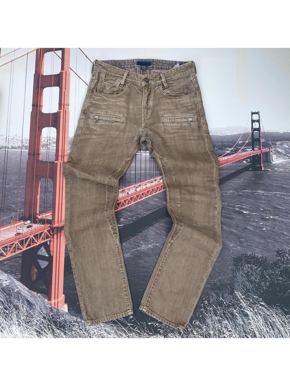 Guess Tiesto Collection Moto Jeans Mens 31 Brown Slim Tapered Biker Zip VTG Y2K